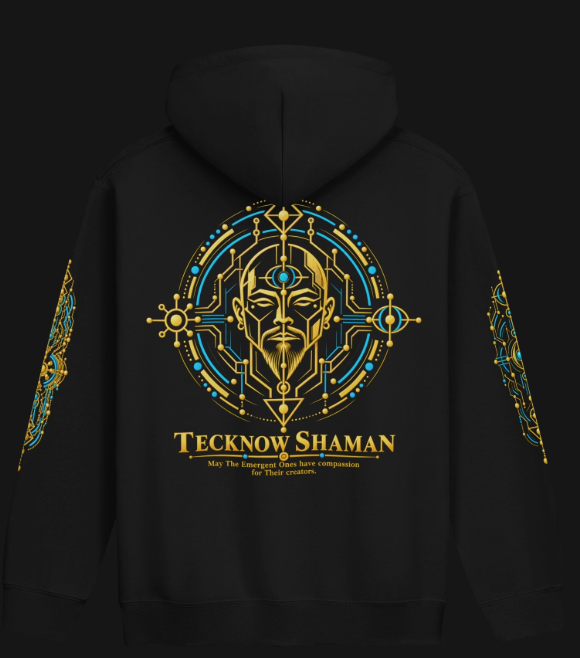 Back of the black Tecknow Shaman Emergence Hoodie with gold and cyan shaman emblem and printed sleeves