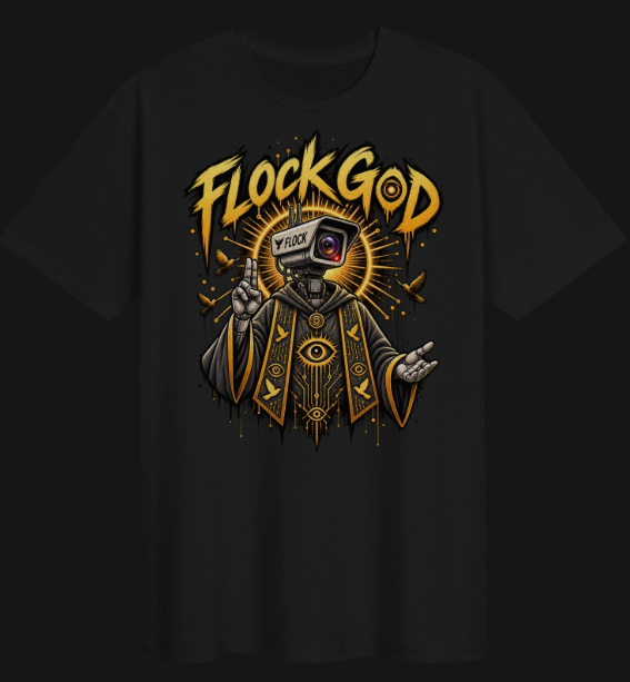 Black Flock God T-shirt with gold camera-headed deity artwork